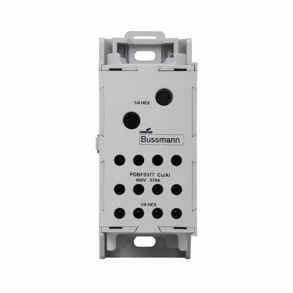 Eaton Bussmann series PDBFS power distribution block, IP-20 Finger-safe, 600 Vac, 600 Vdc, 570A, Power distribution block, SCCR: 200 kA (8 To 4 AWG), 100 kA (14 To 4 AWG), DIN rail, panel, Tin-plated aluminum connectors