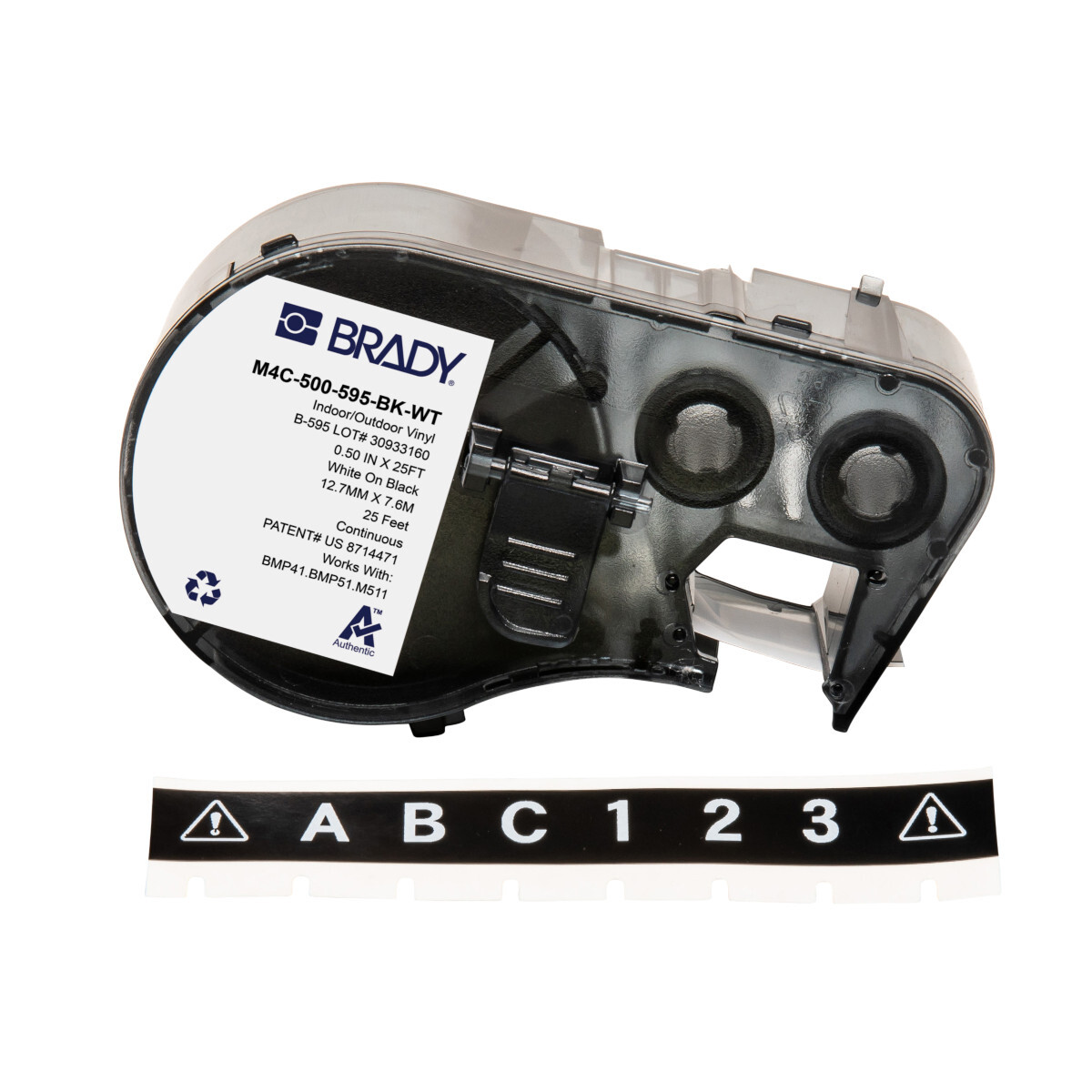 M4C-500-595-BK-WT General Permanent Adhesive, 25 ft L x 0.5 in W, White on Black, B-595 Vinyl