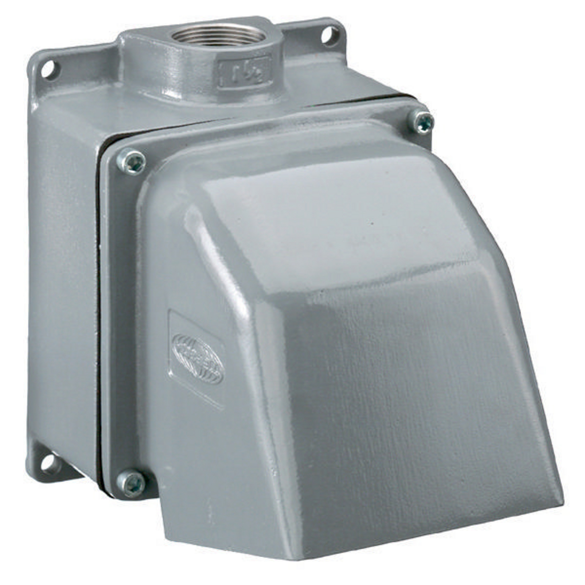 FW60100 1-Outlet, 4-Way 15 deg Angled Back Box With 1-1/2 in NPT Hub Knockout, 8-3/4 in H x 6-3/4 in W x 9-3/4 in D, For Use With 60, 63, 100 and 125 A IEC Pin and Sleeve Devices, Cast Aluminum