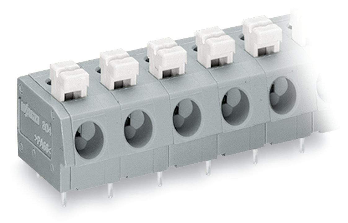 804-305 Push Button PCB Terminal Block, 630 V, 24 A, 20 to 12 AWG Wire, 5 Poles