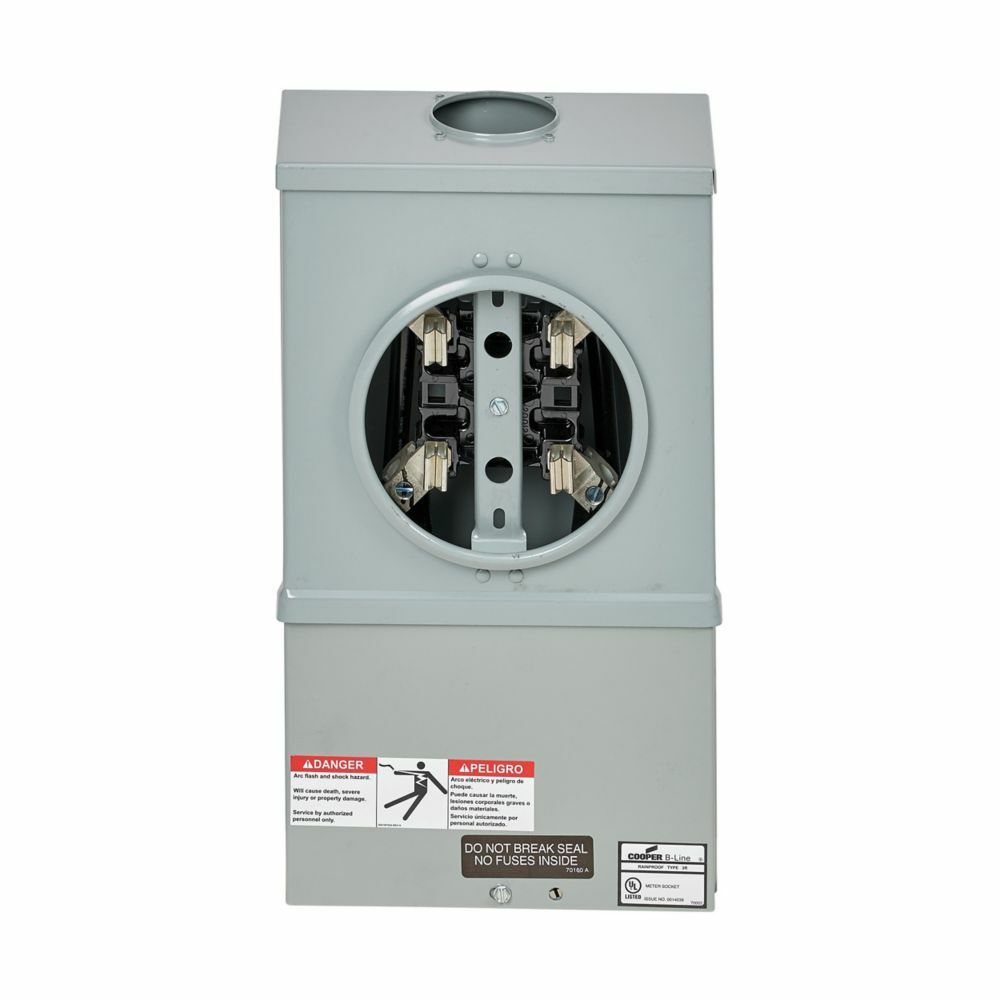 U121315 Single Meter Socket, AW Hub Top Provision, 100 Amp, Both, 5 Jaw, Ringed, 3 Steel, ANSI 61 Paint, Side, 1 Pole, 3 Wire, #14-2/0 Line Lug Size, #14-2/0 Load Lug Size, Manual Circuit Closing