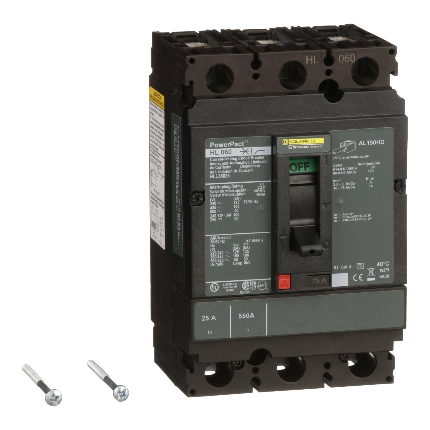 HLL36025 I-Line PowerPact Type HLL Molded Case Circuit Breaker, 600 V AC/250 to 500 V DC, 25 A, 125 kA at 240 VAC/100 kA at 480 VAC/50 kA at 600 VAC/20 kA at 250 VDC/50 kA at 500 VDC Interrupt, 3 Poles, Thermal Magnetic Trip