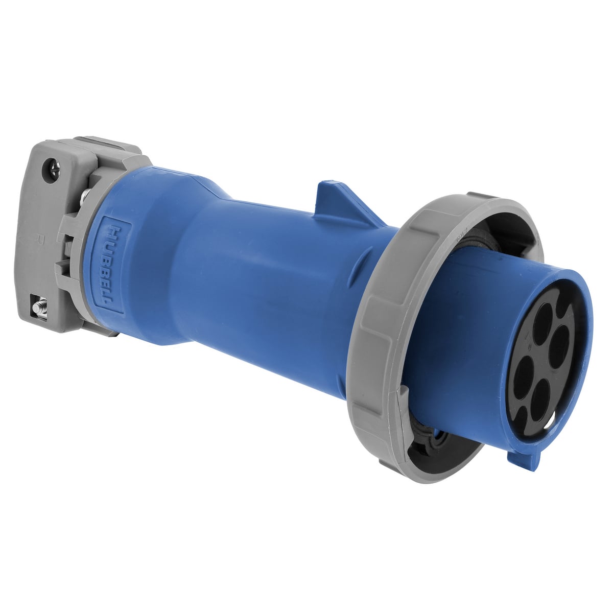 HBL460P9WR 3-Phase Grounding Heavy Duty Male Non-NEMA Portable Reverse Standard Watertight Cord Mount Mating Plug, 240 V AC, 60 A, 3 Poles, 4 Wires, Blue