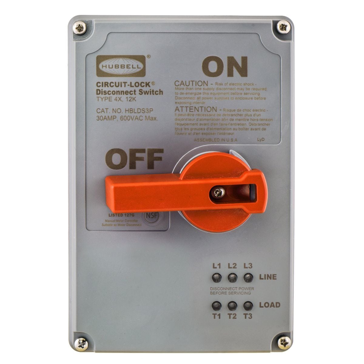 HBLDS3RCP Laser Marked Non-Metallic Standard Sized Unfused Switch Replacement Cover, For Use With Circuit-Lock 30 A Unfused Disconnect Switches With LEDs