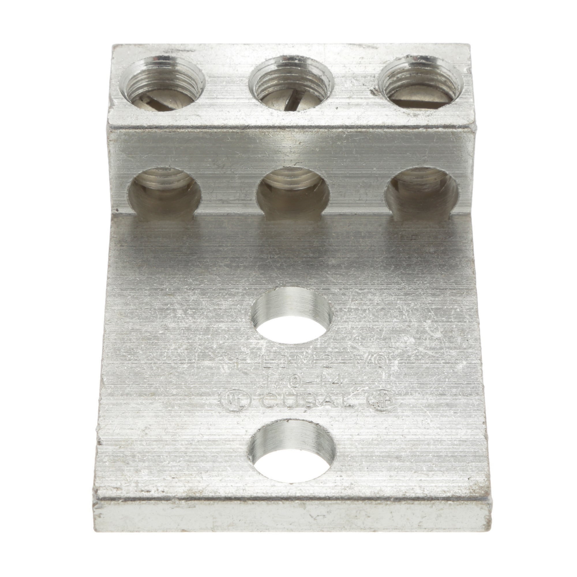 LAM3B1/0-38-6Y Pan-Lug 3-Barrel Mechanical Connector Lug, 14 to 1/0 AWG Aluminum/Copper/Stranded Conductor, 3/8 in Stud, 2 Bolt Holes, Aluminum
