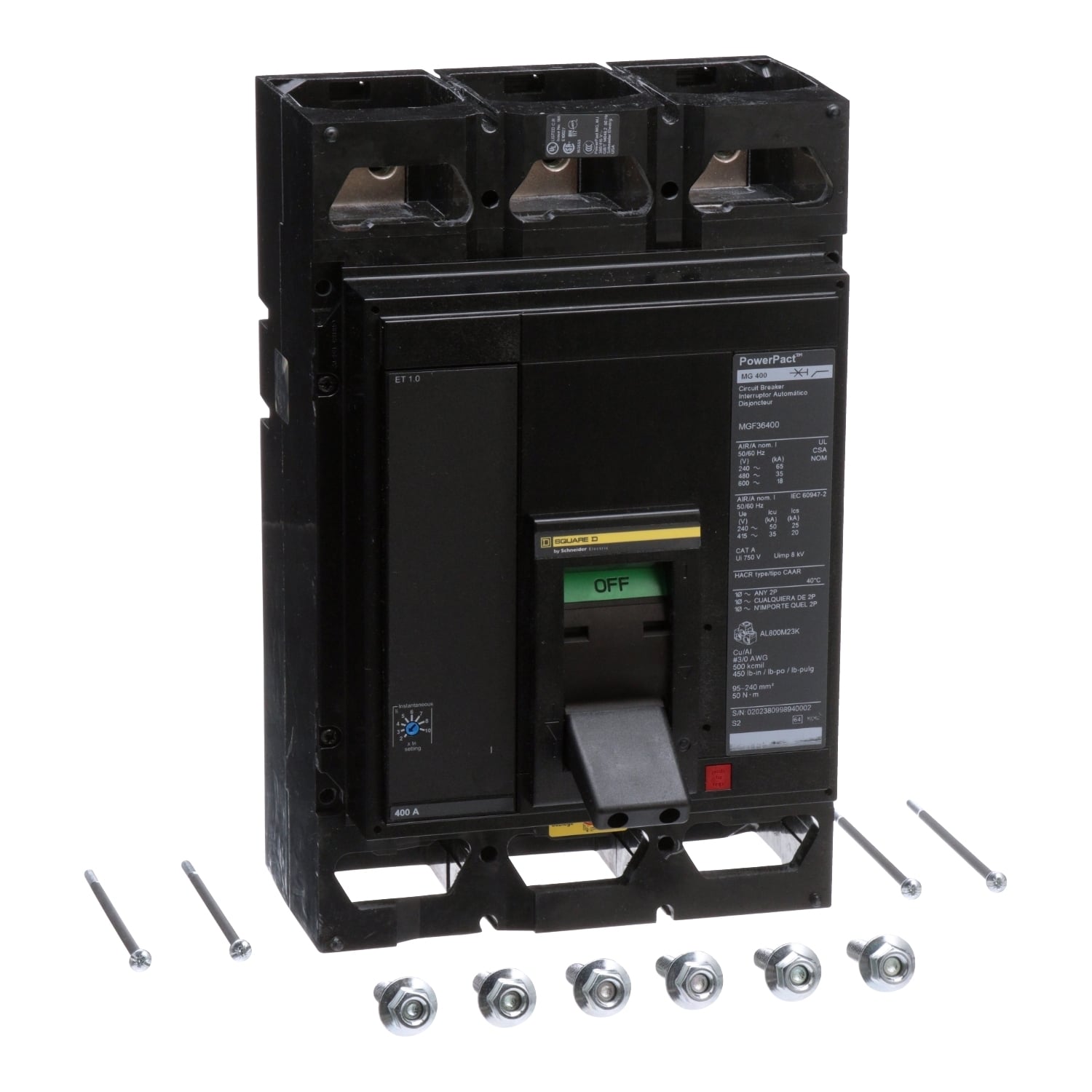 MGL36400 PowerPact MasterPact Type MGL Molded Case Circuit Breaker, 600 V AC/250 V DC, 400 A, 65 kA at 240 VAC/35 kA at 480 VAC/18 kA at 600 VAC Interrupt, 3 Poles, Electronic Trip