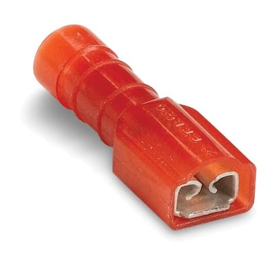 RAD18377 Sta-Kon 187 Female Disconnect, 22 to 18 AWG Conductor, 0.187 in W x 0.032 in THK Tab, Internal Serration Long Barrel, Brass, Red, Insulated