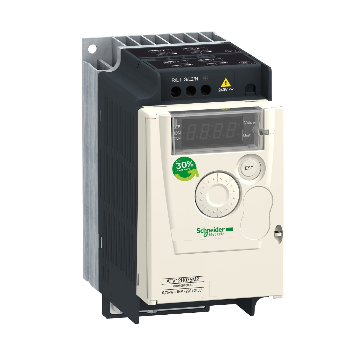 ATV12H075M3 Altivar 3-Phase AC Variable Speed Drive With Heat Sink, 200 to 240/230 V AC, 4.2 A, 1 hp, 2.83 in W x 5.17 in D