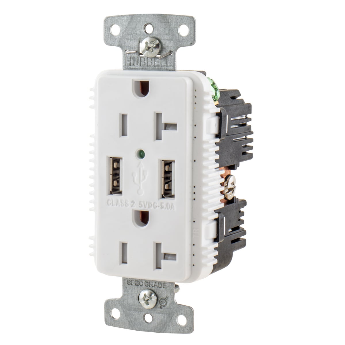 USB20A5W Duplex Grounding Tamper-Resistant Standard USB Charger Receptacle With Green LED, 125 V AC, 20 A, 2500 W, 1 Phase, 2 Poles, 3 Wires, White