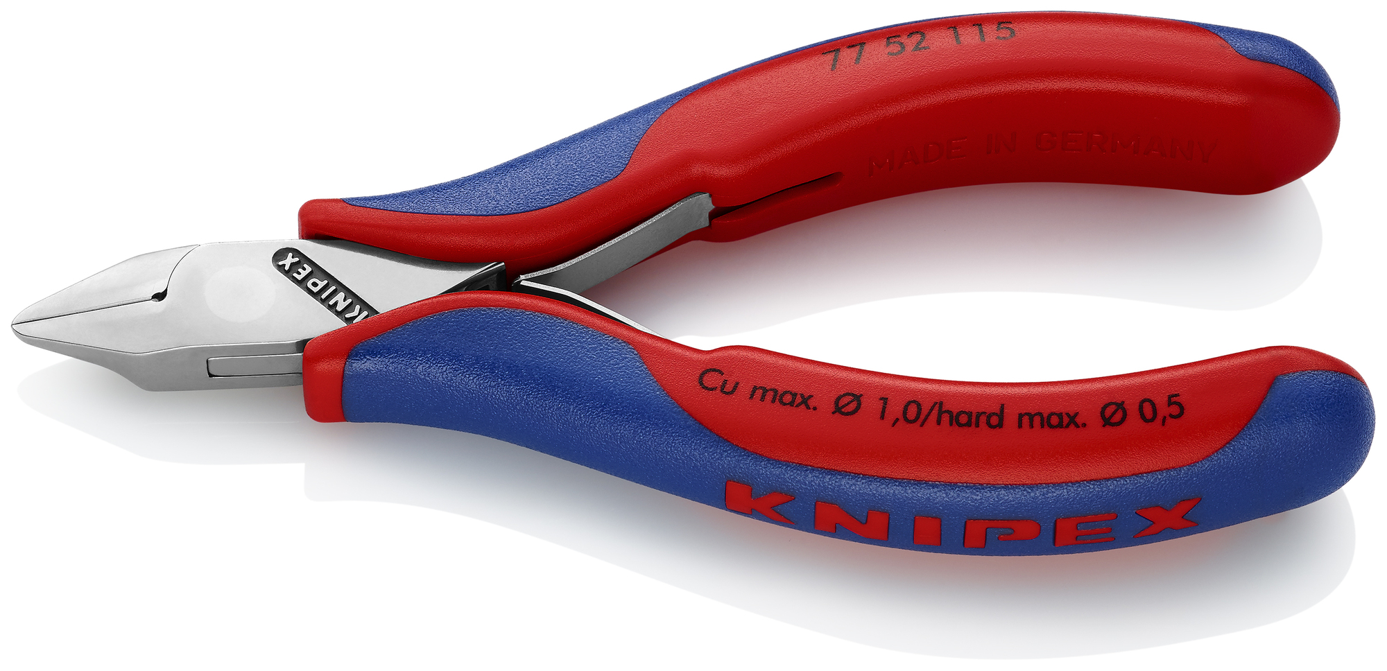 Electronics Diagonal Cutters, 4 1/2 in., Multi-component, Polished, Semi-flush with Small Bevel Cut, Tapered Head, Up to 1/64 in. Hard Wire