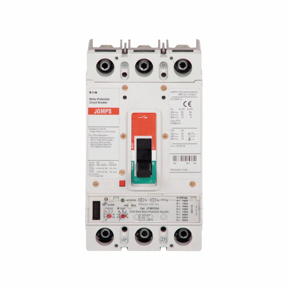 JGMPS250G Type JGMP Motor Protection Circuit Breaker, 600 V AC, 250 A, 35 kA Interrupt, 3 Poles, Thermal Magnetic Trip