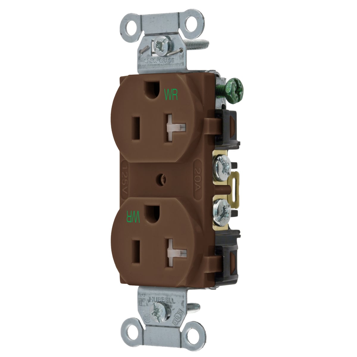 BR20WRTR 1-Phase Duplex Tamper/Weather-Resistant Standard Traditional Screw Mount Straight Blade Receptacle, 125 V AC, 20 A, 2 Poles, 3 Wires, Brown