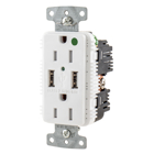 USB Charger Duplex Receptacle, HospitalGrade, 15A 125V, 2-Pole 3-Wire Grounding, 5-15R, 2) 5A "A" USB Ports,White