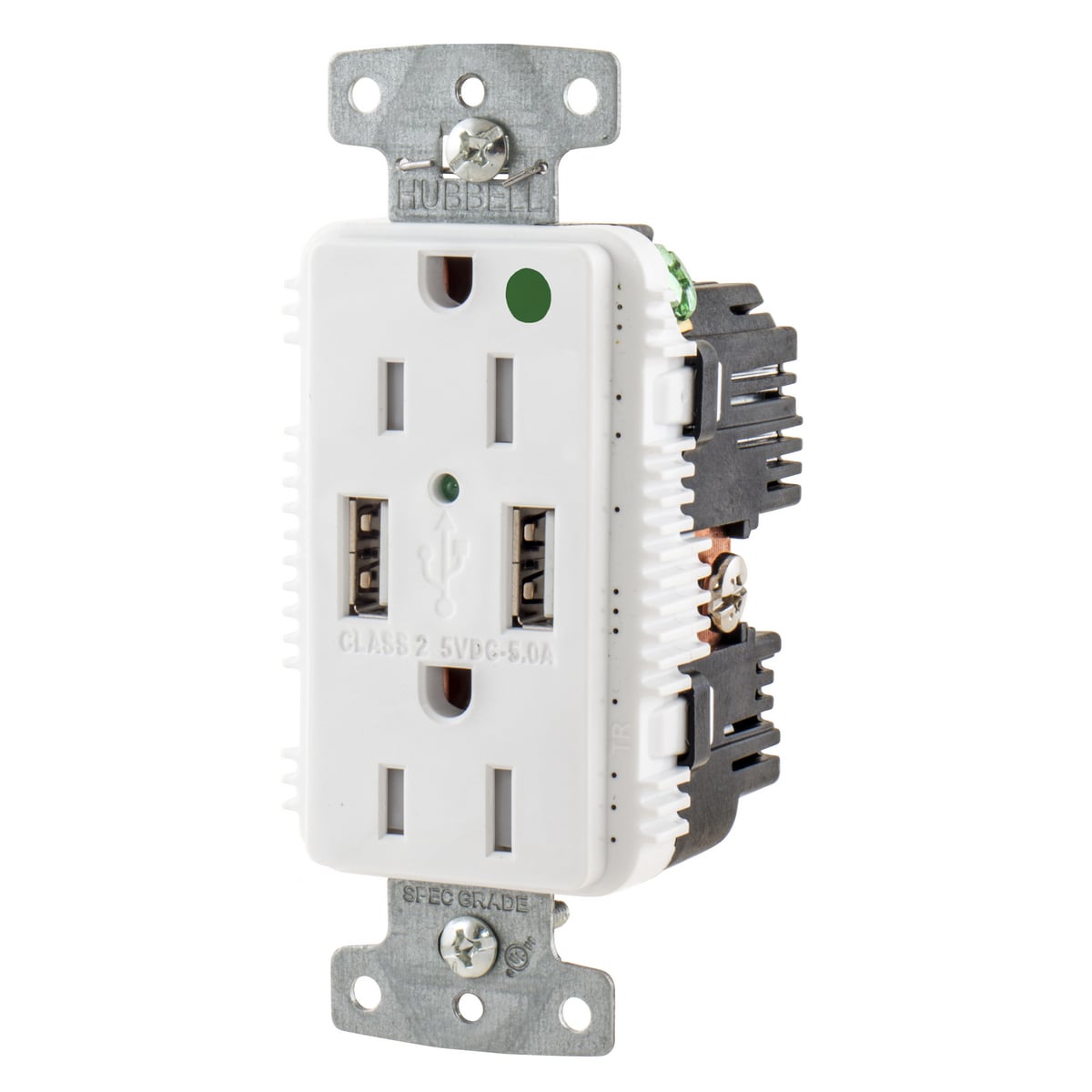 USB8200A5W Duplex Grounding Tamper-Resistant Standard USB Charger Receptacle With Green LED, 125 V AC, 15 A, 0.5 hp, 2500 W, 1 Phase, 2 Poles, 3 Wires, White