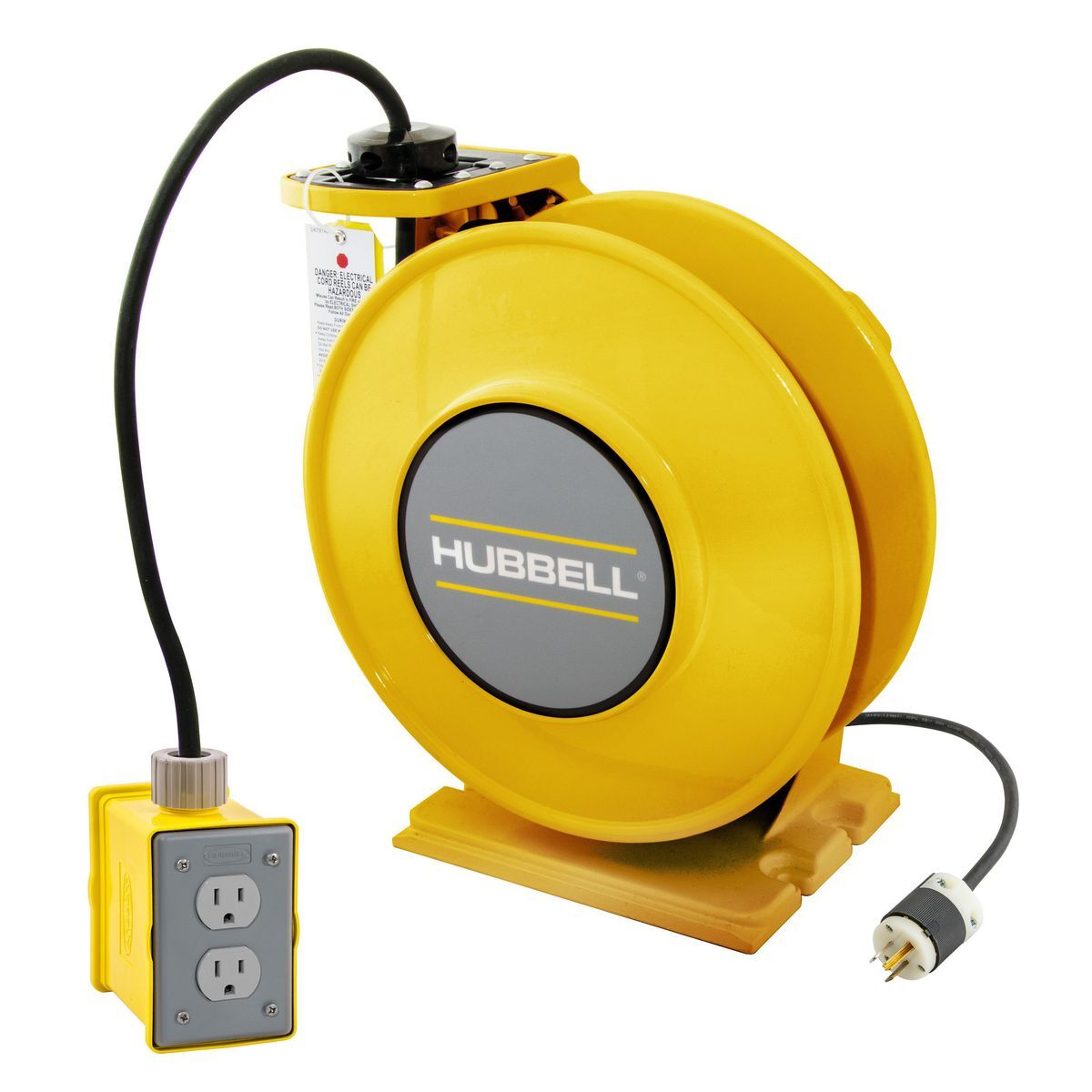 HBLI45143R15Y inREACH 3-Conductor Cord Reel With Duplex Receptacle and Yellow Portable Outlet Box, 125 VAC, 15 A, 45 ft L Cord, 14 AWG Conductor