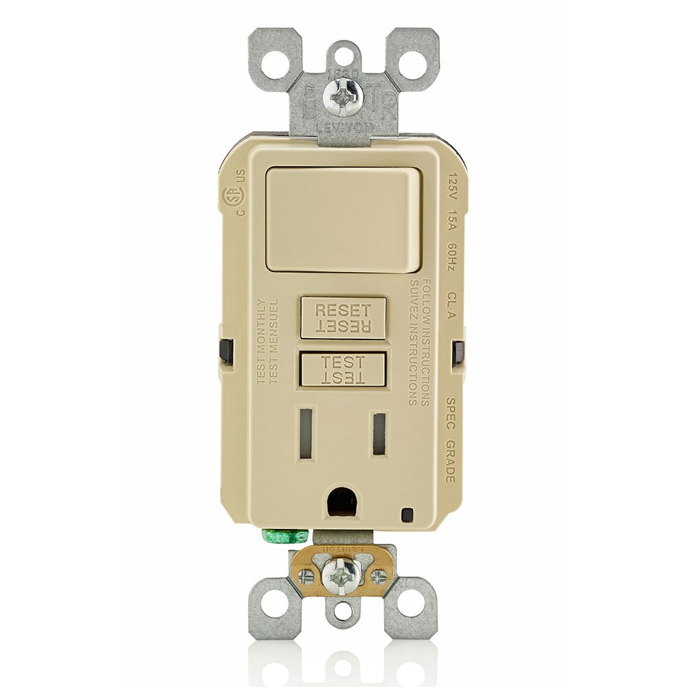GFSW1-I SmartlockPro Slim GFCI Monochromatic Self-Test Single Slim Combination Switch and Receptacle With LED Indicator, 15 A, 125 V AC, 2 Poles, 3 Wires, 14 to 10 AWG Wire