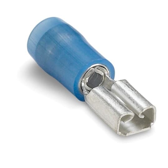 RBD1823 Sta-Kon 187 Female Disconnect, 16 to 14 AWG Conductor, 0.187 in W x 0.02 in THK Tab, Internal Serration Long Barrel, Brass, Blue, Insulated