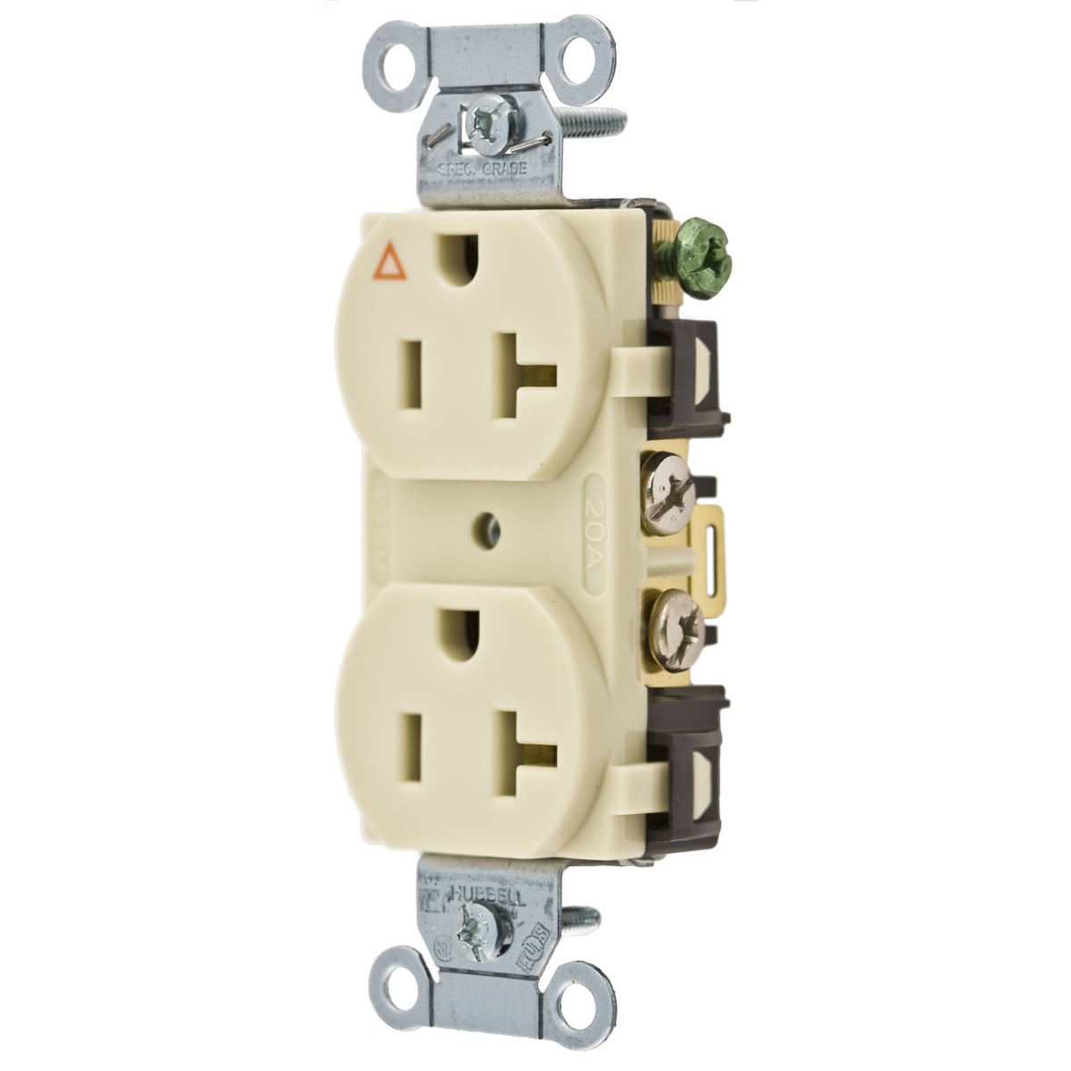 IG20CRI 1-Phase Corrosion-Resistant Duplex Isolated Ground Standard Traditional Screw Mount Straight Blade Receptacle, 125 V AC, 20 A, 2 Poles, 3 Wires, Ivory