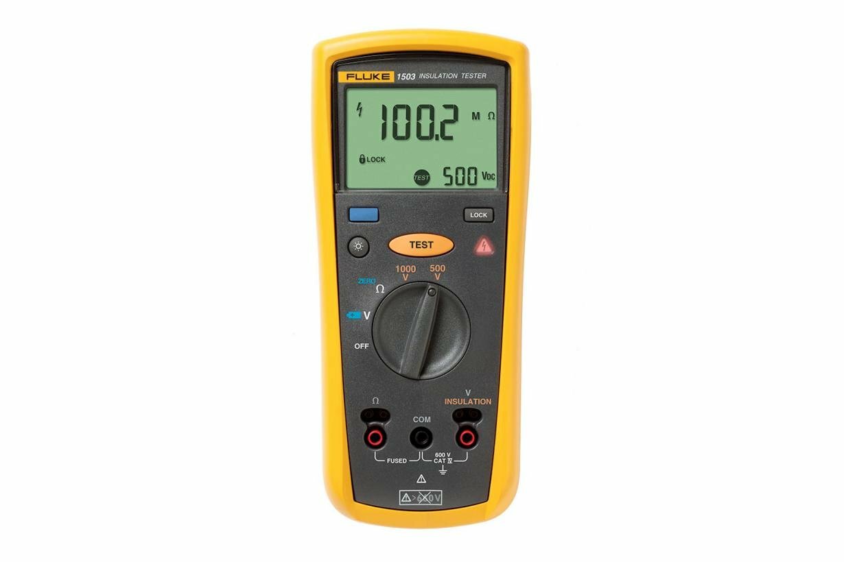 FLUKE-1503 Insulation Resistance Tester, 600 V AC/DC, 0.01 Ohm to 20 kOhm, +/-2% +3 Accuracy, Graphic to Backlight Display, Cat IV 600 V