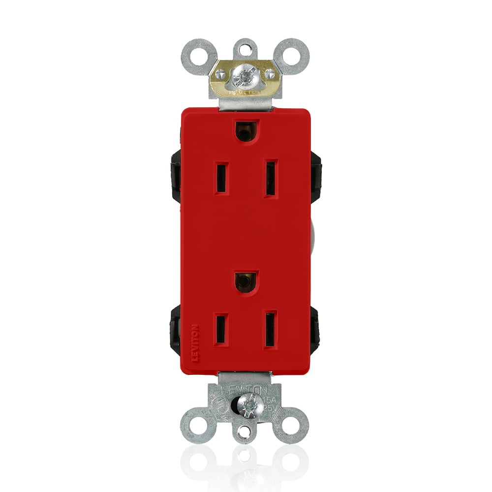 M1626-R Decora Plus Lev-Lok 1-Phase Duplex Heavy Duty Self-Grounding Straight Blade Receptacle, 125 V AC, 15 A, 2 Poles, 3 Wires, Red