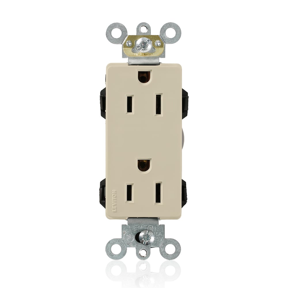 M1626-I Decora Plus Lev-Lok 1-Phase Duplex Heavy Duty Self-Grounding Straight Blade Receptacle, 125 V AC, 15 A, 2 Poles, 3 Wires, Ivory