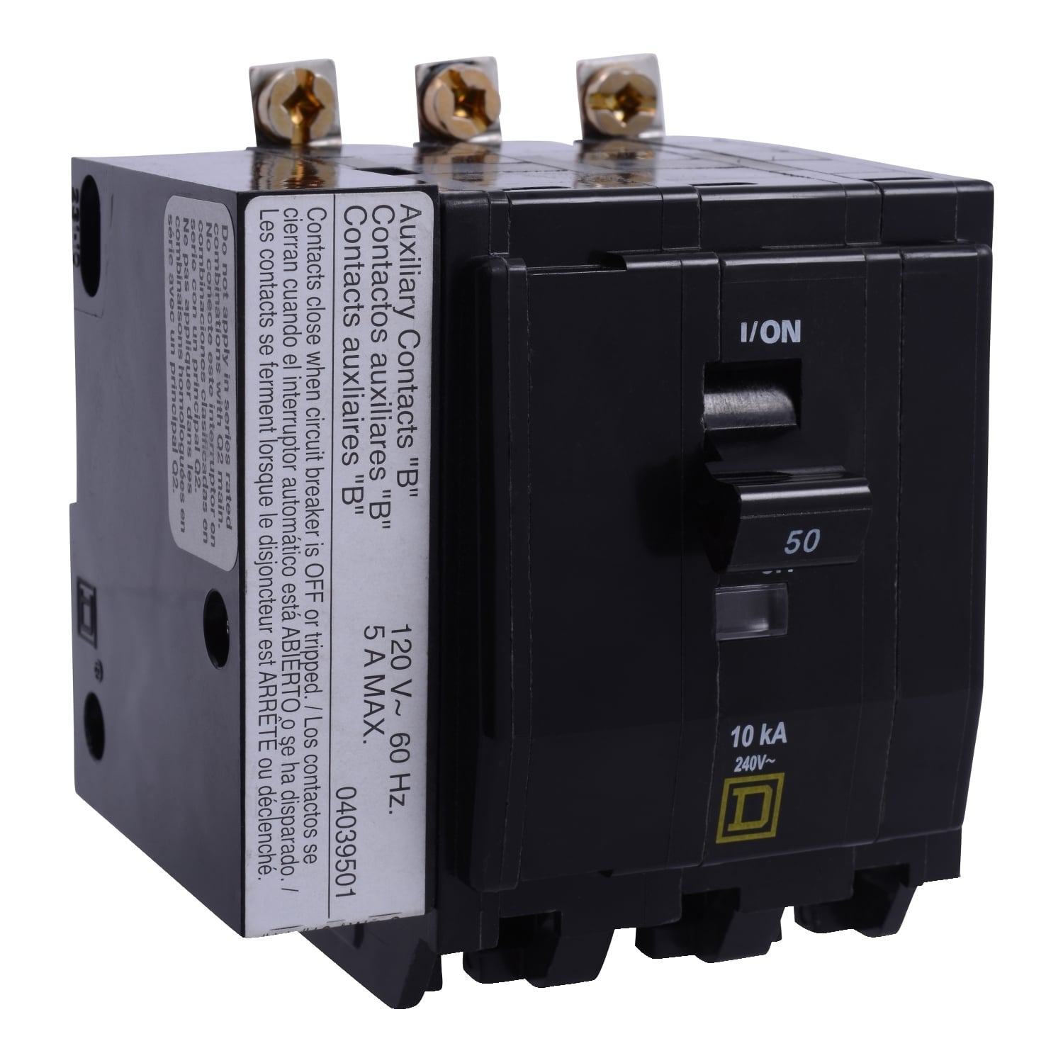 QOB3601201 Type QOB Standard Miniature Circuit Breaker, 120/240 VAC, 48 VDC, 60 A, 10 kA Interrupt, 3 Poles, Thermal Magnetic Trip