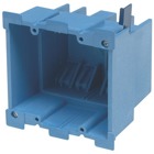 Two-Gang Old Work Outlet Box, Volume 34 Cubic Inches, Length 4.30 Inches, Width 4.36 Inches, Depth 3.59 Inches, Color Blue, Material PVC, Mounting Means Mounting Ears and Swing Clamps