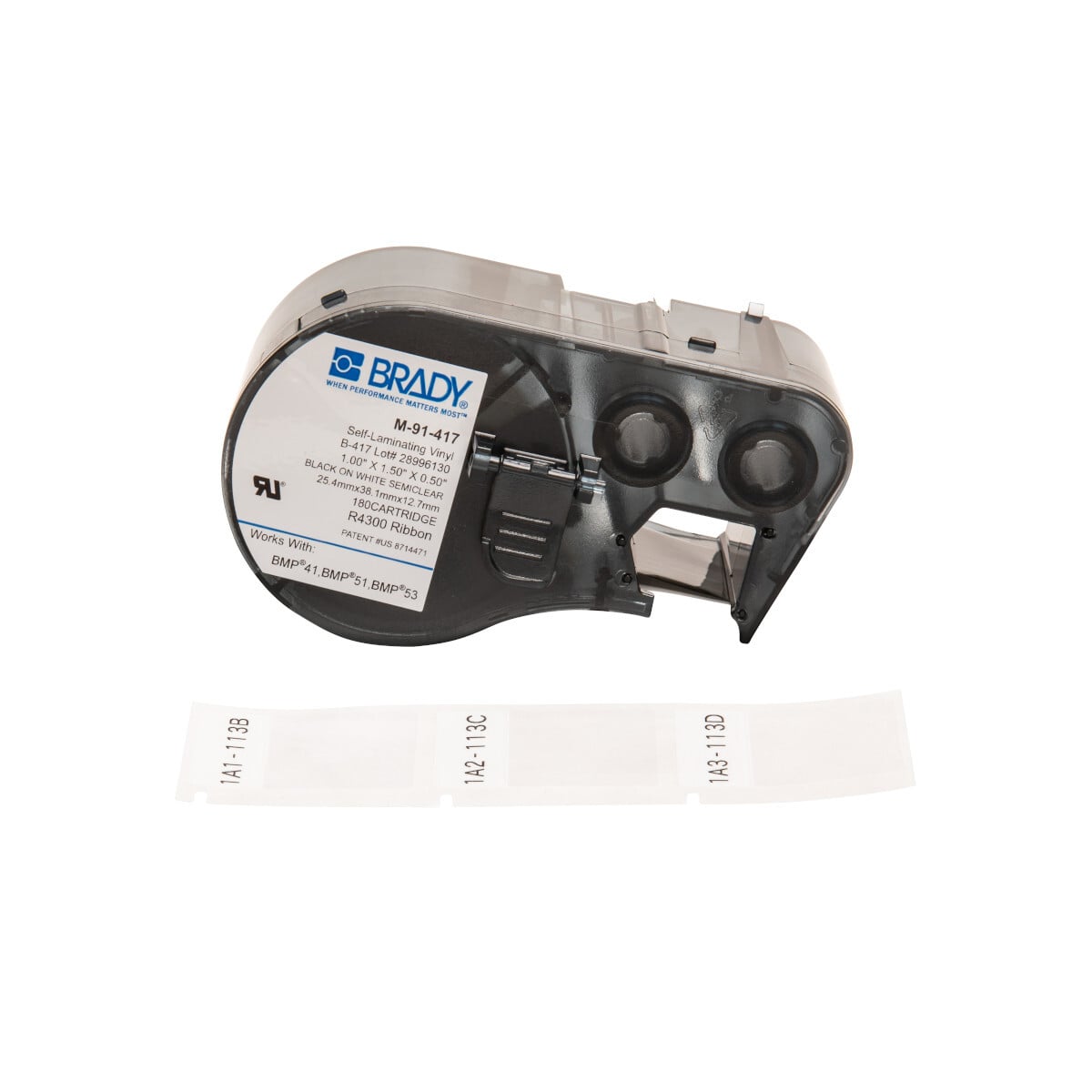 M-91-417 M Self-Laminating Vinyl Wire Wraps, 1.5 in L x 1 in W, Black on White/Clear, Self-laminating Vinyl