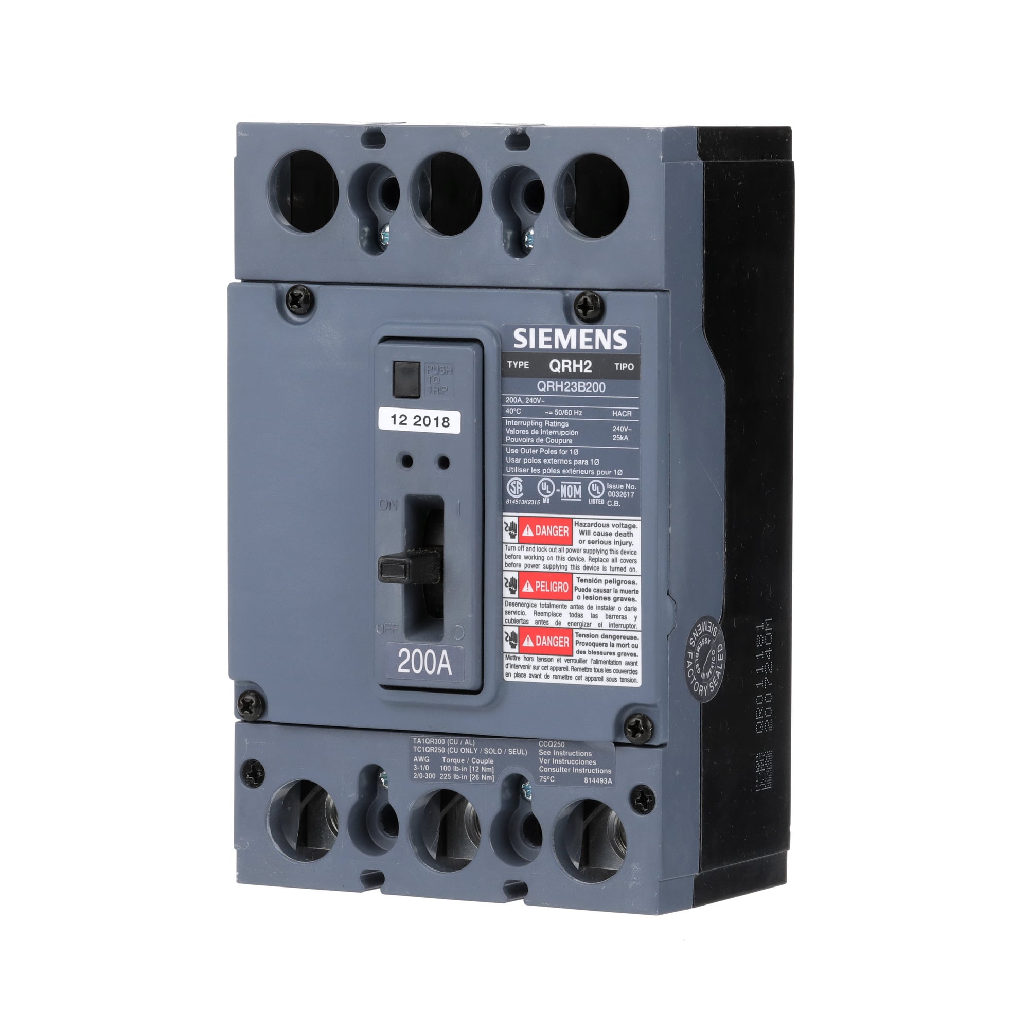 QRH23B200 General Purpose Low Voltage Molded Case Circuit Breaker, 240 V AC, 200 A, 25 kA Interrupt, 3 Poles, Thermal Magnetic Trip