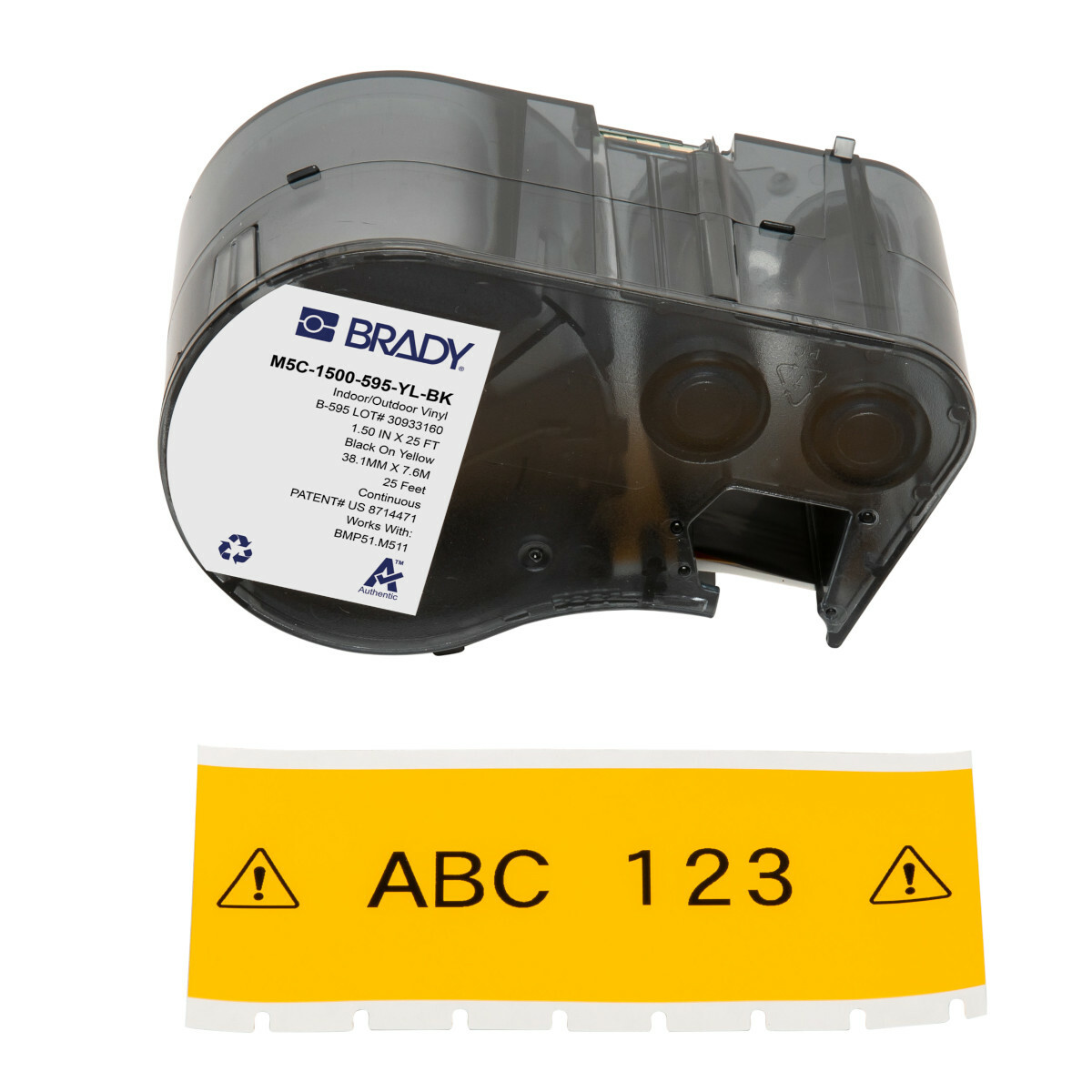M5C-1500-595-YL-BK General Permanent Adhesive Label, 25 ft L x 1.5 in W, Black on Yellow, B-595 Vinyl