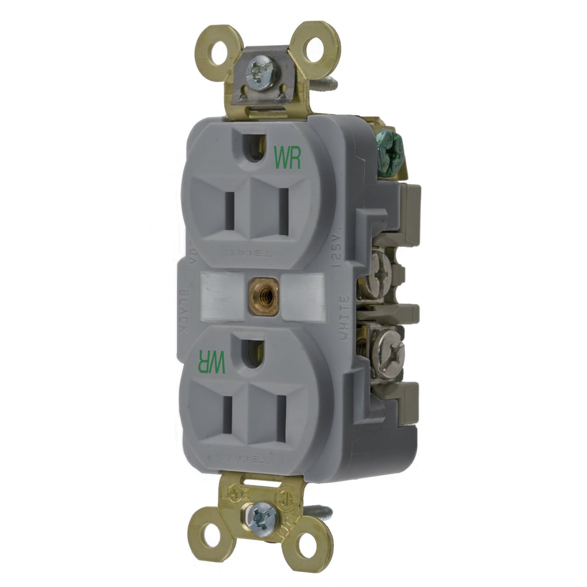 HBL5262GYWR 1-Phase Duplex Extra Heavy Duty Self-Grounding Standard Traditional Weather-Resistant Screw Mount Straight Blade Receptacle, 125 V AC, 15 A, 2 Poles, 3 Wires, Gray