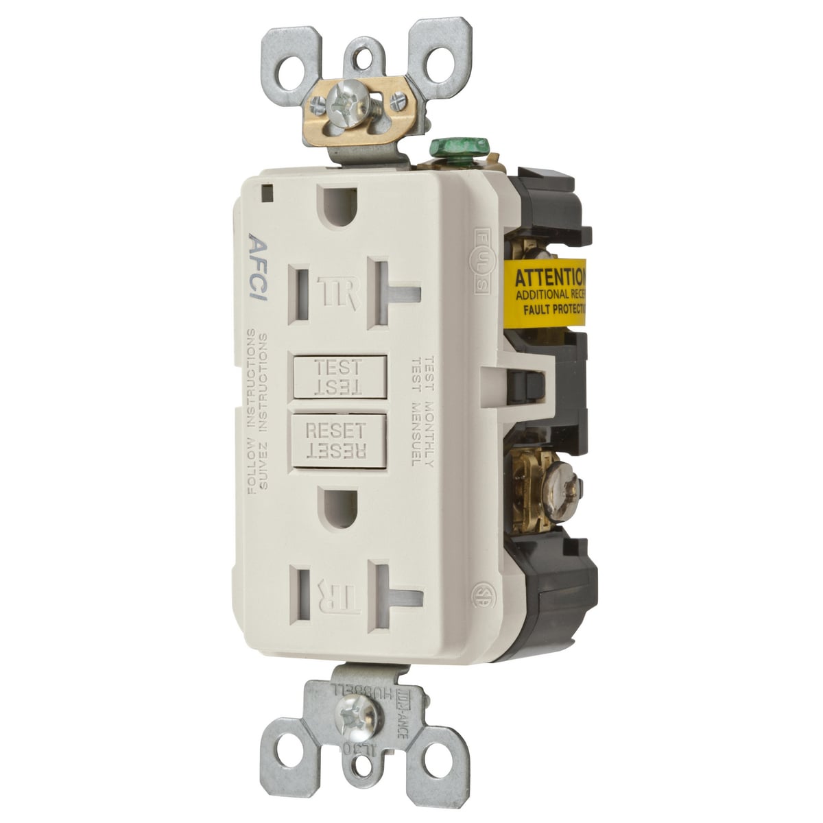 AFR20TRLA Decorator Duplex Standard Tamper Resistant AFCI Receptacle, 125 V AC, 20 A, 2 Poles, 3 Wires, Light Almond