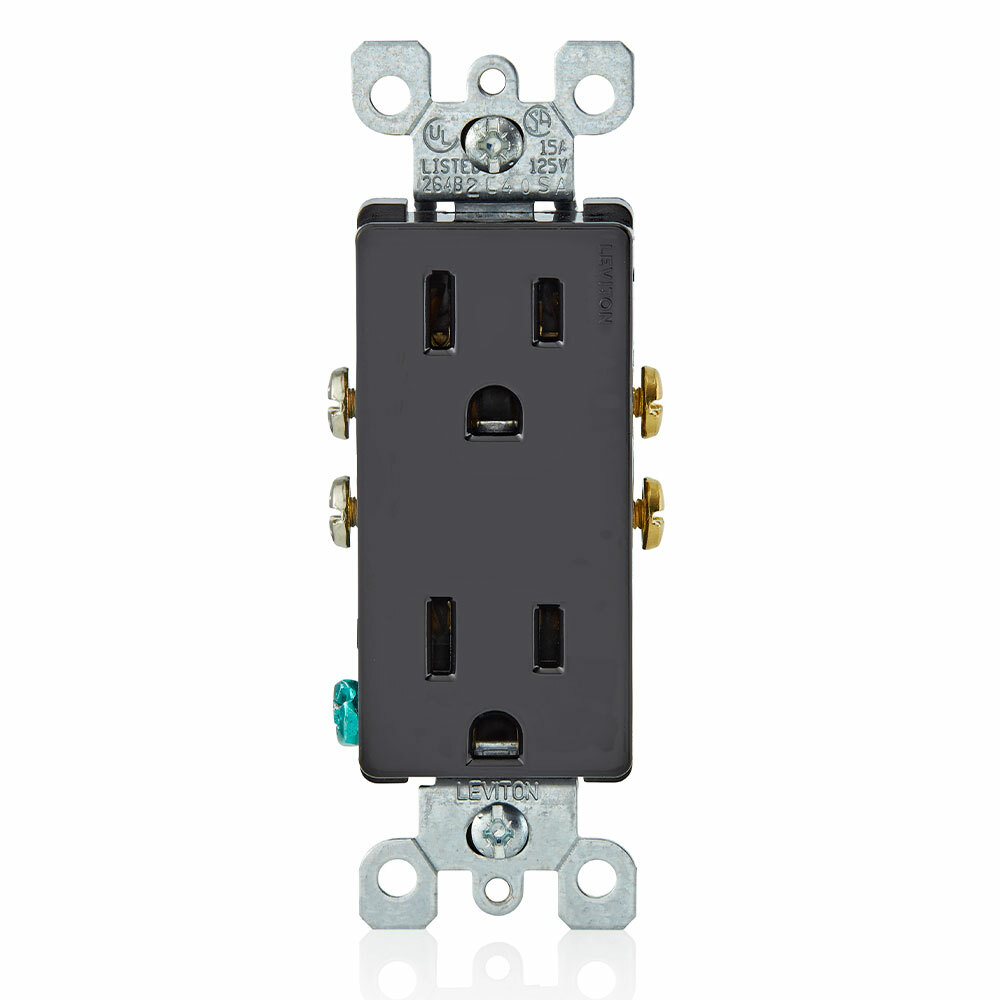 5325-E Duplex Grounding Straight Blade Receptacle, 125 V AC, 15 A, 2 Poles, 3 Wires, Black