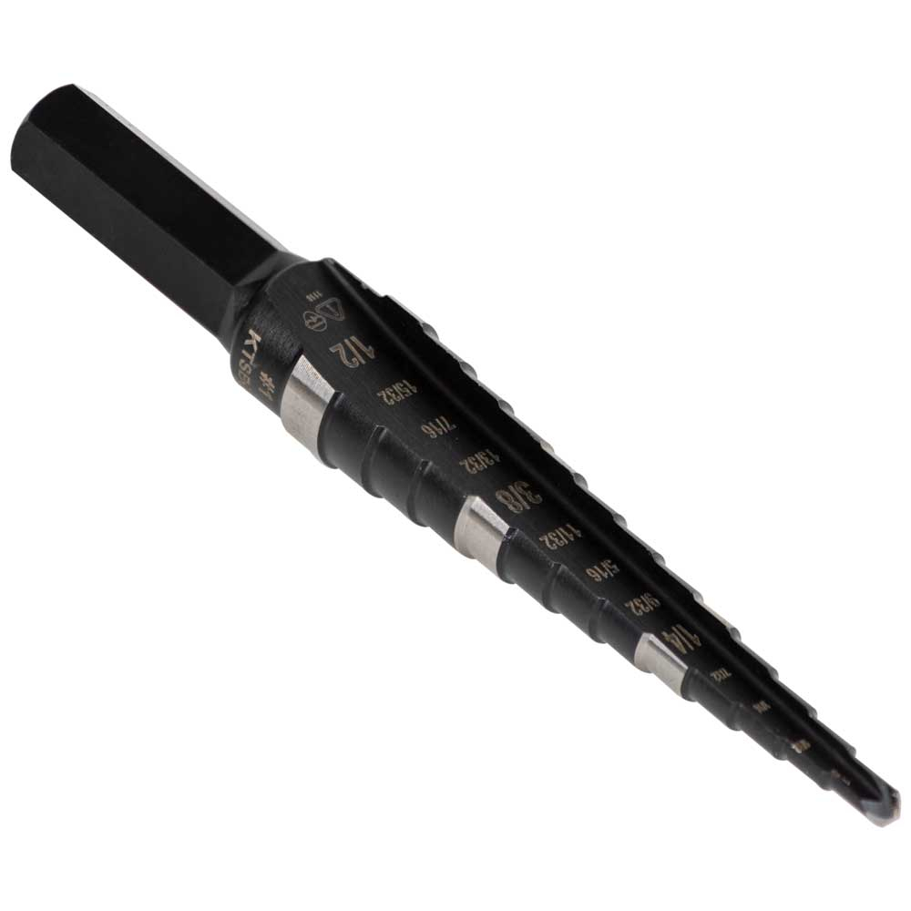 KTSB01 Step Drill Bit, 1/8 in Dia Min Hole, 1/2 in Dia Max Hole, Steel, 13 Hole Sizes, 3/8 in Shank