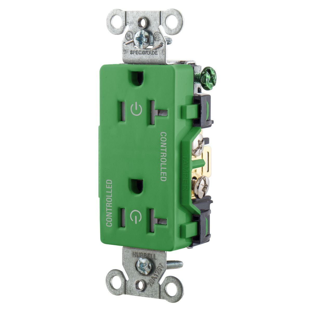 DR20C2GNTR Decorator Duplex Tamper-Resistant Straight Blade Receptacle, 125 V AC, 20 A, 2 Poles, 3 Wires, Green