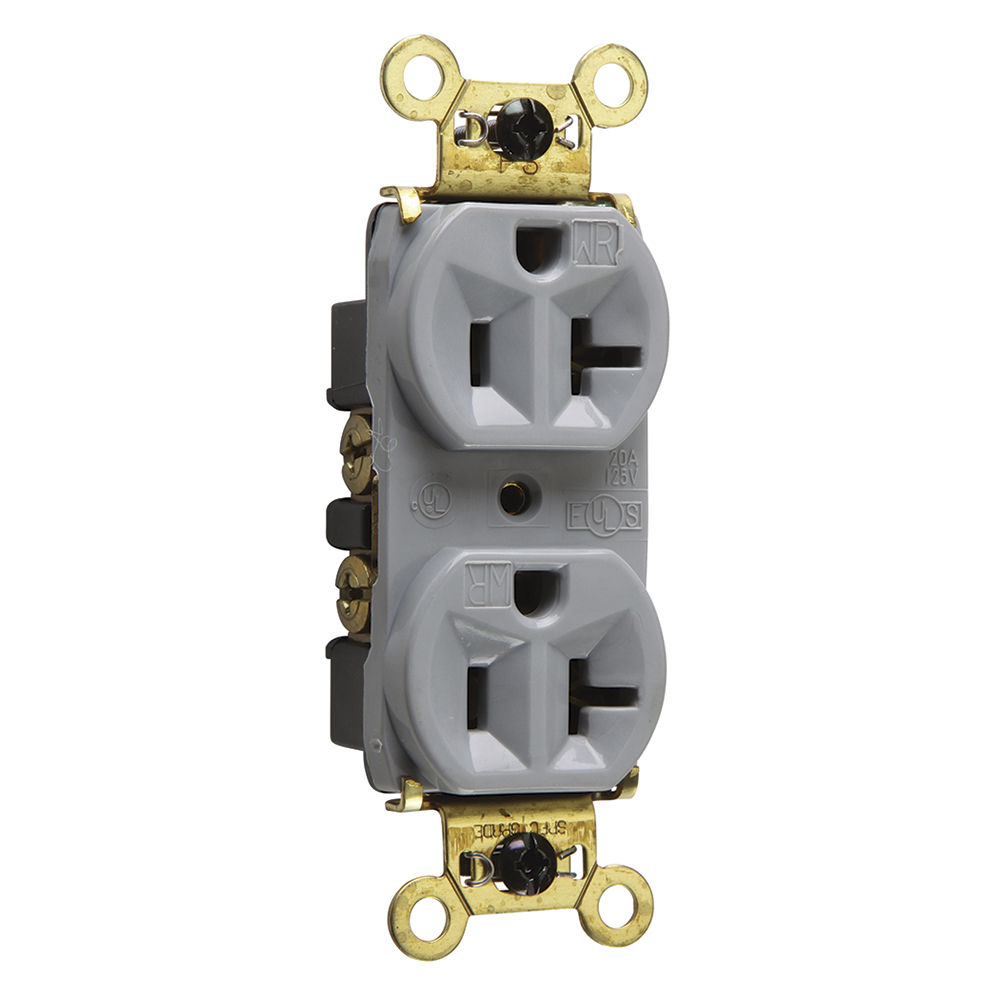 WR5362GRY  Heavy Duty Spec Grade Receptacle, Back and Side Wire, 20 Amp, 125V, Gray