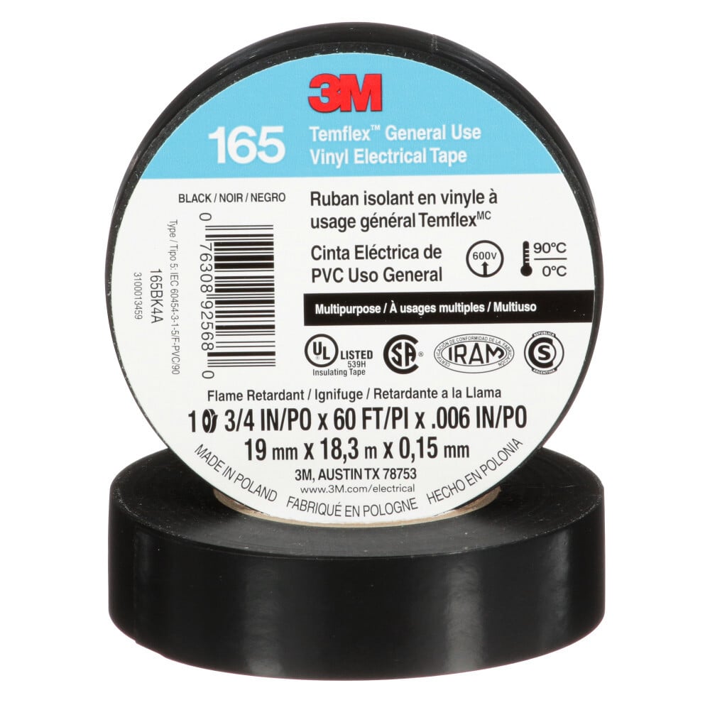 7100169254 TemFlex Vinyl Electrical Tape 165, 3/4 inch x 60 ft, Black
