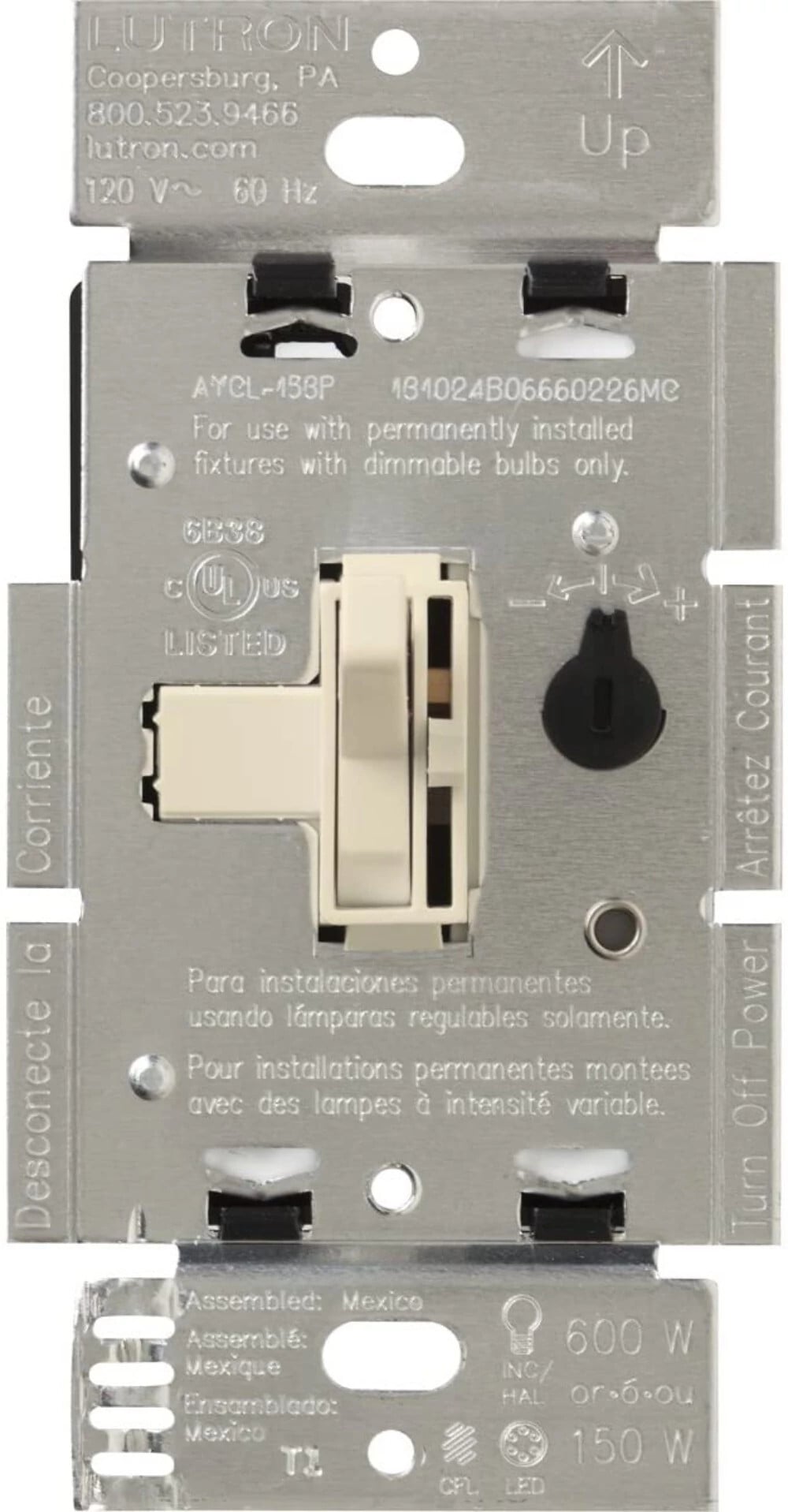 AYCL-153P-LA Ariadni LED+ Dimmer Switch, 150W LED, 1 Pole/3-Way, No Neutral Required, 120V, Light Almond