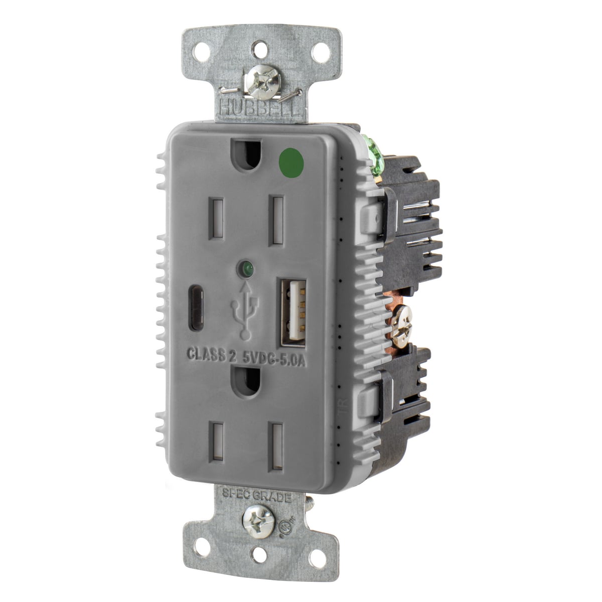 USB8200AC5GY Duplex Grounding Tamper-Resistant Standard USB Charger Receptacle With Green LED, 15 A, 125 V AC, 1/2 hp, 2500 W, 1 Phase, 2 Poles, 3 Wires, Gray