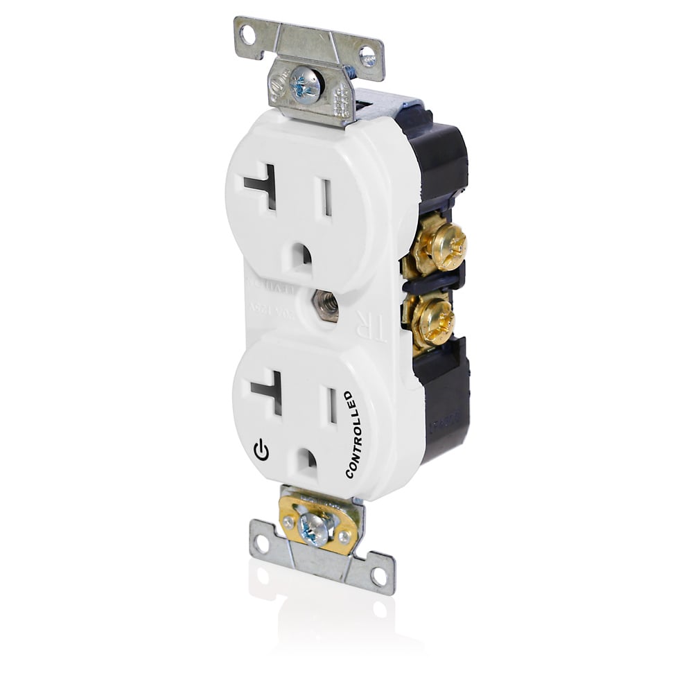 TBR20-S1W Duplex Self-Grounding Tamper Resistant Straight Blade Receptacle With 1 Plug Controlled Markings, 125 V AC, 20 A, 2 Poles, 3 Wires, White