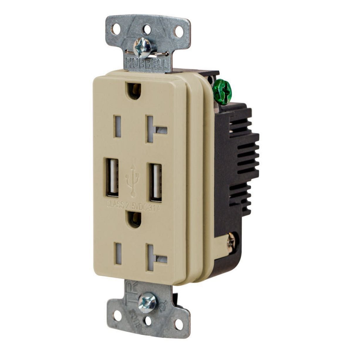 USB20AI Hubbell-PRO Line Decorator Style USB Charger Duplex Receptacle, 20 A 125 V AC, 1 Phase, 2 Poles, 3 Wires, Ivory