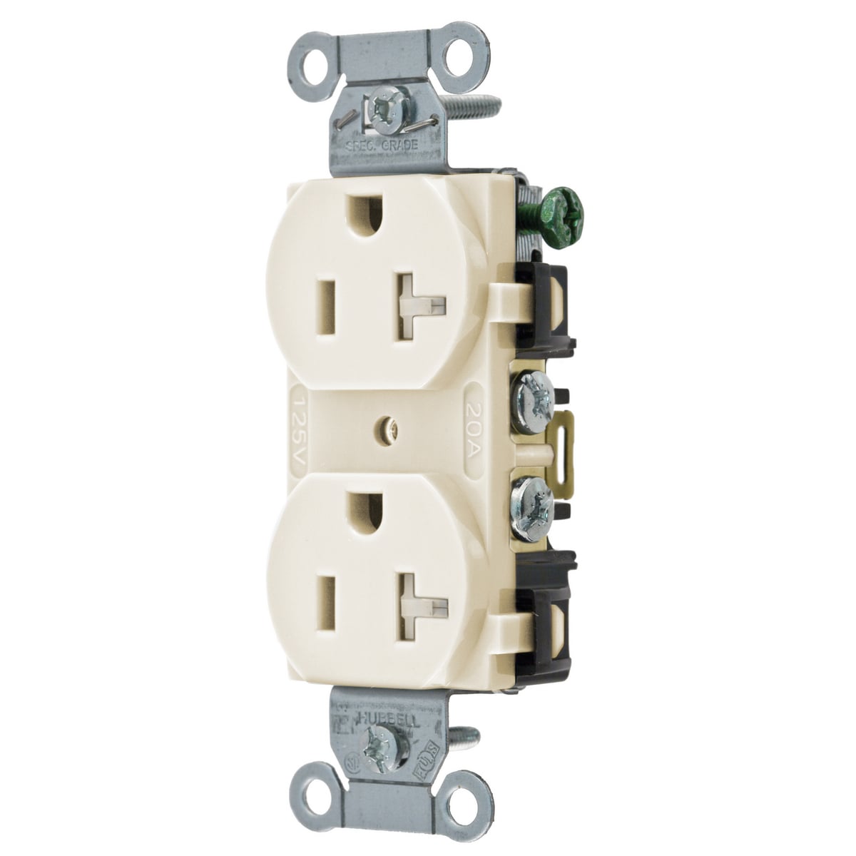 BR20LATR 1-Phase Duplex Self-Grounding Standard Tamper Resistant Traditional Screw Mount Straight Blade Receptacle, 125 V AC, 20 A, 2 Poles, 3 Wires, Light Almond