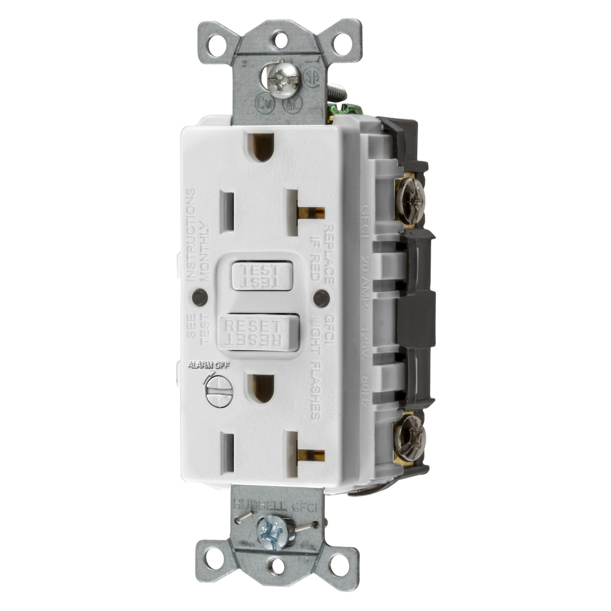 GFRST20WB 1-Phase Heavy Duty Standard Self-Test Screw Mount GFCI Receptacle With Alarm, 125 VAC, 20 A, 2 Poles, 3 Wires, White