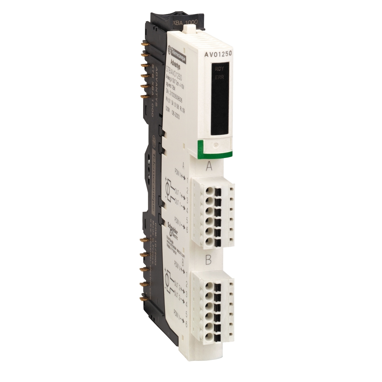 STBAVO1250K Modicon Standard Analog Output Kit, 2 Inputs, 2 Outputs, 0 to 10 V DC Signal Range, 11 to 12 bit Resolution, +/-0.5 % Accuracy