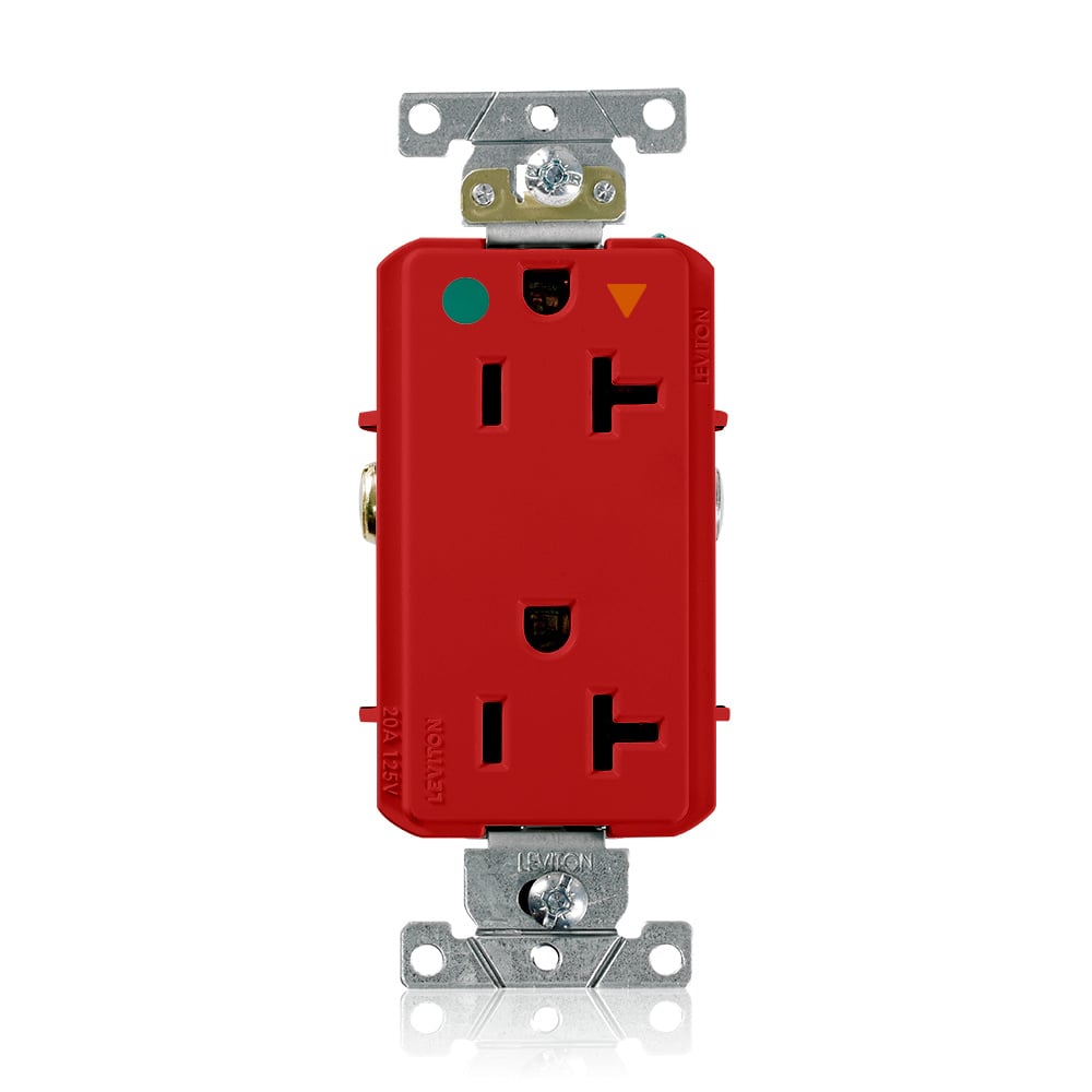 D8300-IGR Decora Plus D8300-IG Duplex Heavy Duty Isolated Self-Grounding Smooth Face Straight Blade Receptacle, 125 V AC, 20 A, 2 Poles, 3 Wires, Red