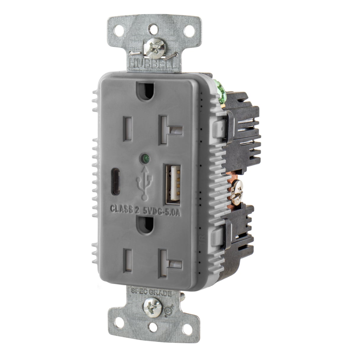 USB20AC5GY Duplex Grounding Tamper-Resistant Standard USB Charger Receptacle With Green LED, 125 V AC, 20 A, 2500 W, 1 Phase, 2 Poles, 3 Wires, Gray