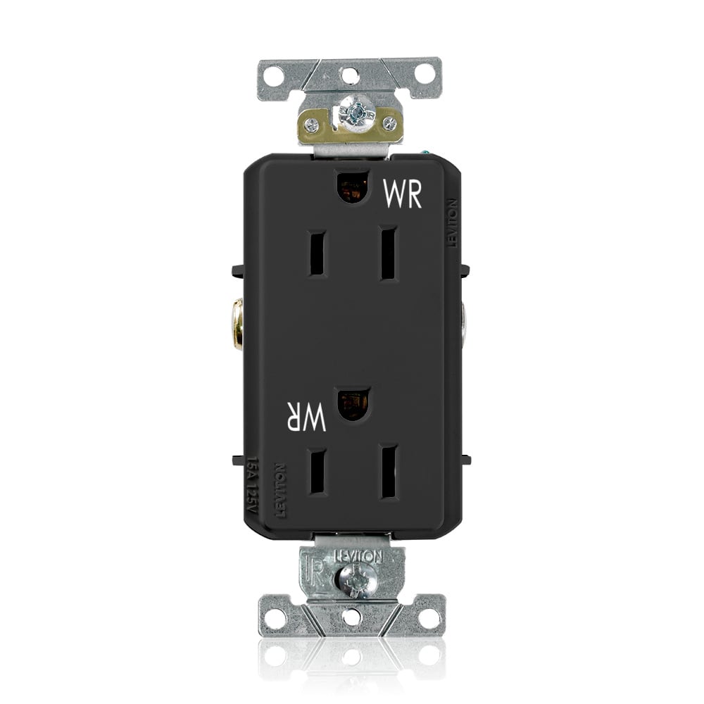WTD15-E Decora Plus Duplex Heavy Duty Self-Grounding Smooth Face Tamper-Resistant Weather-Resistant Straight Blade Receptacle, 125 V AC, 15 A, 2 Poles, 3 Wires, Black