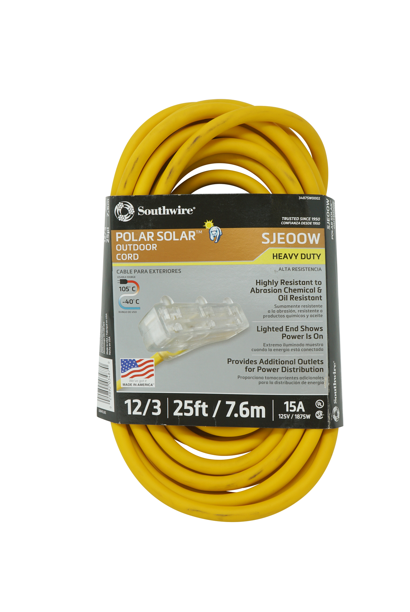 3487SW0002 Polar/Solar Type SJEOOW Heavy Duty Trisource Extension Cord With Lighted End, 15 A at 125 V AC, 25 ft L Cord, 3 Conductors