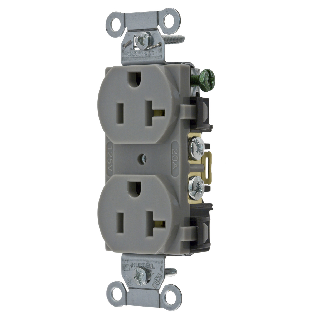 BR20GRY 1-Phase Duplex Grounding Screw Mount Straight Blade Receptacle, 125 V AC, 20 A, 2 Poles, 3 Wires, Gray