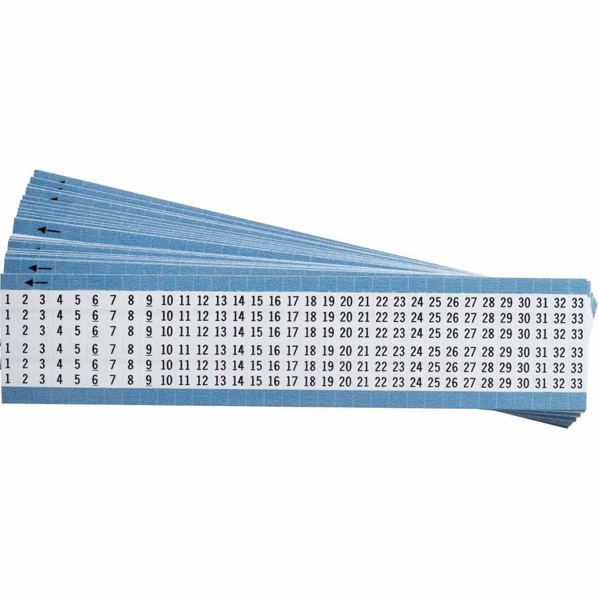 TWM-1-33-PK TWM Consecutive Number Pre-Printed Wire Marker Card, 1/4 in W, Black on White, B-702 Low Profile Vinyl Coated Polyester, 33 Markers per Card
